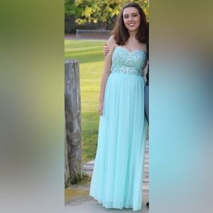 My Michelle Size 3 Teal Beaded Strapless Maxi Prom Dress